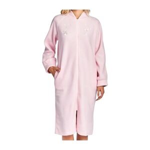 Loti Fashion Pink Fleece Zip‑Up House Coat Robe w/ Pockets Floral Embroidery M‎